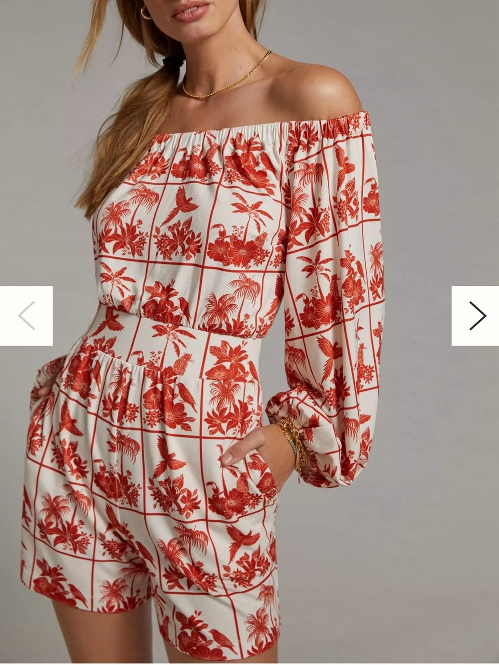 NWOT Farm Rio x Anthropologie Tropical Off Shoulder Romper XS Pocket Puff Sleeve - Picture 2 of 13